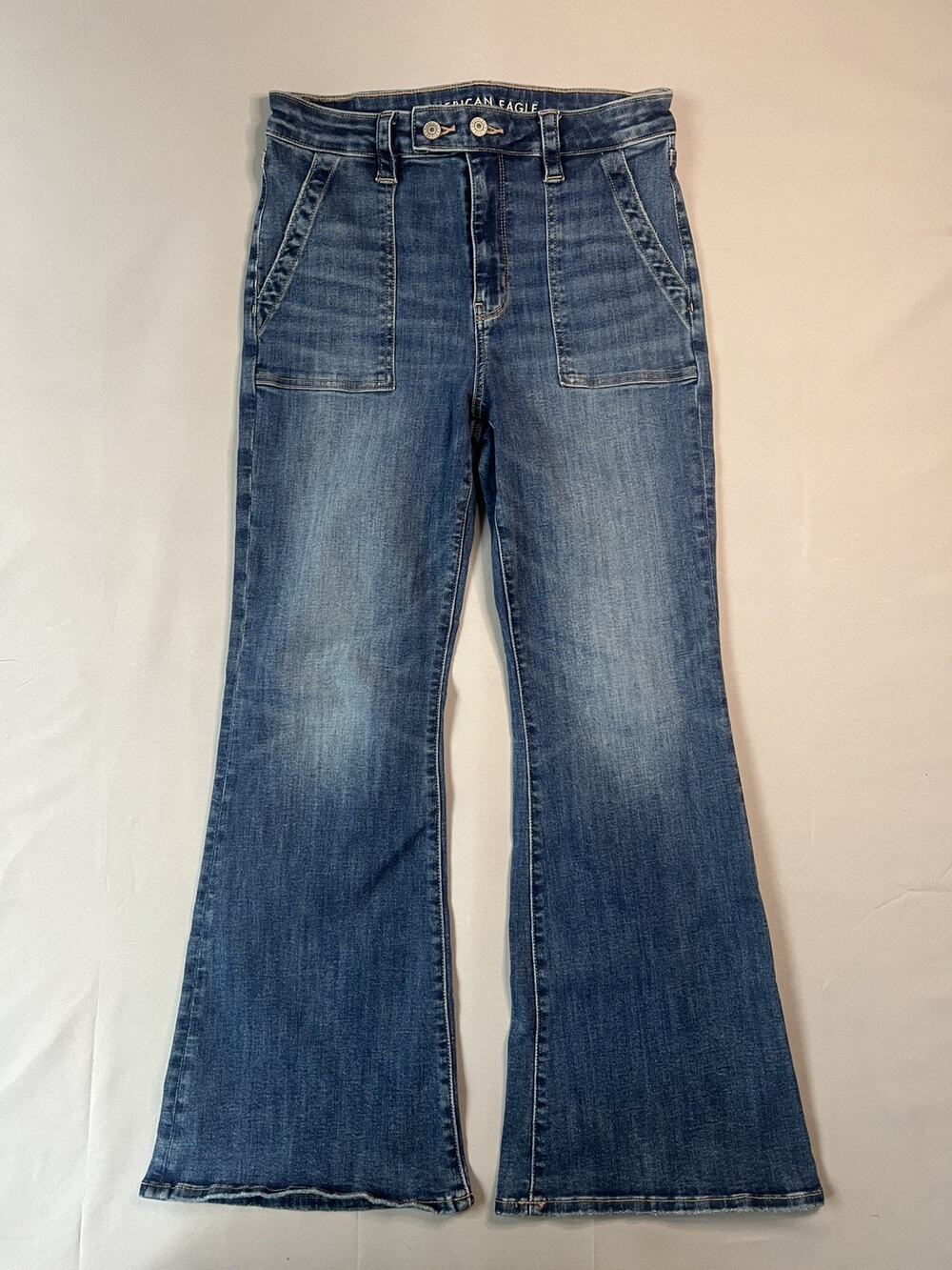 American Eagle Jeans Womens 10 Short Super High Rise Flare Stretch Boho Retro